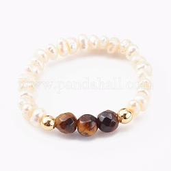 Stretchringe mit Perlen aus Naturperlen, mit facettierten natürlichen Tigerauge-Perlen und Messingperlen, golden, Innendurchmesser: 18x20 mm