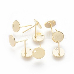 304 Stainless Steel Stud Earring Findings, with Flat Plate, Flat Round, Golden, 8x0.8mm, Hole: 1.5mm, Pin: 0.9mm