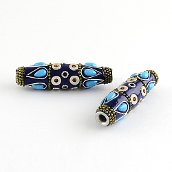 Oval Handmade Indonesia Beads, with Aluminum Cores, Platinum and Antique Bronze, Midnight Blue, 61x17mm, Hole: 4mm
