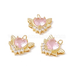 Brass Micro Pave Pearl Pink Cubic Zirconia Pendants, with Jump Ring, Cadmium Free & Lead Free, Heart, Real 18K Gold Plated, 18x20.5x6mm, Hole: 3.3mm