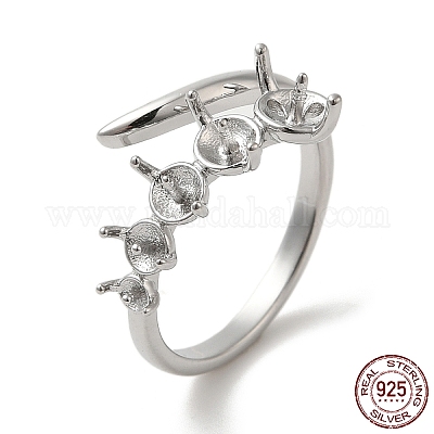 925 sertissage de bague manchette ouverte en argent sterling plaqué  rhodium, pour la moitié de perles percées, Platine plaqué réel, Plateau:  2~4 mm, - Main Image
