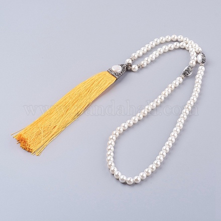 Nylon Tassels Pendant Necklaces and Natural Pearls Beads NJEW-F174-20-1