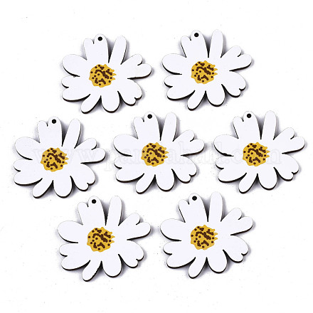 プリントバスウッドペンダント  バックランダムカラー  デイジーの花  ホワイト  34x37x3mm  穴：1.6mm WOOD-N006-50-1