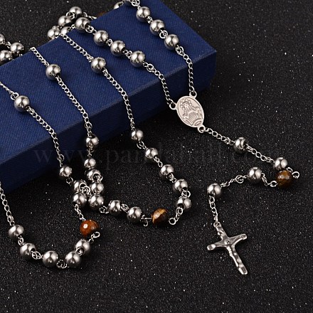 Crucifix Cross 304 Stainless Steel Rosary Bead Necklaces NJEW-O096-33C-1