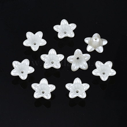Absプラスチックイミテーションパールフラワービーズキャップ  5花びら  乳白色  12.5x13x6mm  穴：1.5mm KY-T023-033-1