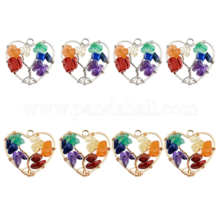 SUPERFINDINGS 8Pcs 2 Colors Heart Tree of Life Gemstones Pendant Crystal Quartz 7 Chakra Crystals Gemstones Charms Life of Tree Pendant Charms for Jewelry Making FIND-FH0005-10-1