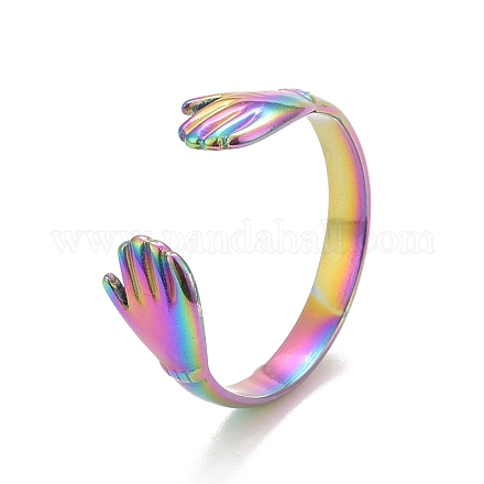 Ion Plating(IP) Rainbow Color  304 Stainless Steel Double Hand Hug Open Cuff Ring for Women RJEW-C025-08B-M-1