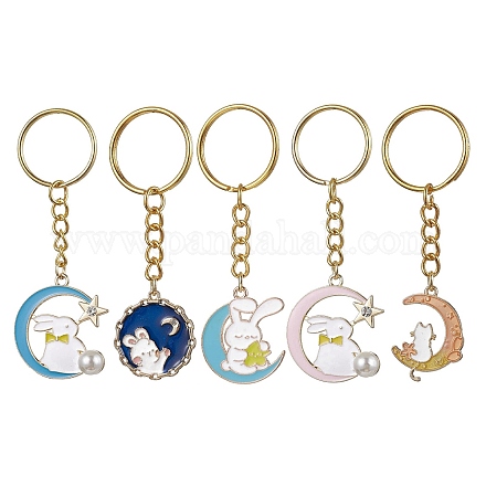 Porte-clés pendentif lune/plat rond avec lapin en alliage émaillé KEYC-JKC00623-1