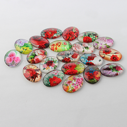 Multi-Color Blume Thema ornaments Glas Oval Flatback cabochons GGLA-A003-18x25-NN-1