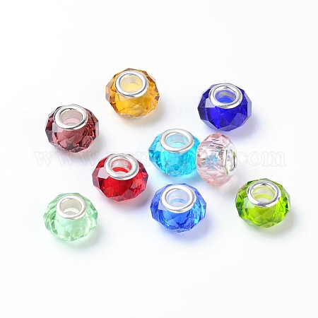 100pcs Handmade Glass European Beads 14x8mm Large Hole Beads Silver Color  Brass Core, Mixed Color,, Hole: 5mm