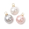 Shell Pearl Pendants, Round Charms, with Brass Bails, Real 18K Gold Plated, Mixed Color, 11x8mm, Hole: 1.6mm