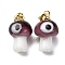 Handmade Lampwork Pendants, Mushroom, with Rack Plating Golden Tone Brass Findings, Long-Lasting Plated, Purple, 16~17x9.5~10.5mm, Hole: 4.5x3.5mm
