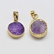 Natural Dyed Agate Golden Plated Flat Round Pendants G-P077-12F-2
