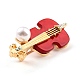 レジンパールのバイオリン合金ブローチ  女の子の女性のための絶妙な楽器の襟章  ゴールドカラー  レッド  49x20x13mm  ピン：0.8mm JEWB-O009-01-3