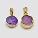 Natural Dyed Agate Golden Plated Flat Round Pendants G-P077-12F-1