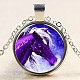 Horse Pattern Flat Round Glass Pendant Necklaces NJEW-N0051-012D-02-1