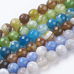 Faceted Round Dyed Natural Striped Agate/Banded Agate Beads Strands, Mixed Color, 8mm, Hole: 1mm, about 48pcs/strand, 15 inch