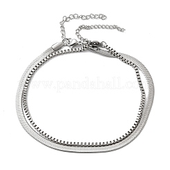 304 Edelstahl flache Schlangenkette & Kastenkette doppellagige Fußkettchen für Damen&nbsp;AJEW-F069-02P