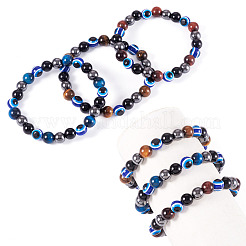 10 mm runde Stretch-Armbänder aus natürlichem Tigerauge und Obsidian und bösen Blickperlen für Frauen und Männer&nbsp;BJEW-TA0001-19