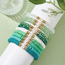 Set di 10 disco di argilla polimerica e braccialetti elasticizzati con perline di vetro e ottone&nbsp;BJEW-JB09676-04