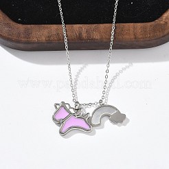 Collane con ciondolo unicorno arcobaleno in acciaio inossidabile 304 con smalto rosa perlato e conchiglia bianca naturale per donna&nbsp;NJEW-M101-02P