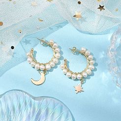 Orecchini a mezzo cerchio pendenti con perle naturali luna e stella&nbsp;EJEW-JE05895-02