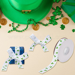 Grosgrain-Bänder aus Polyester mit Kleeblatt-Aufdruck zum St. Patrick's Day&nbsp;SRIB-WH0011-304B