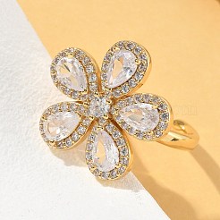 Anelli a polsino con fiore in ottone micro pavé di zirconi cubici per donna&nbsp;RJEW-A069-14G-03
