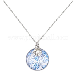 Collana con pendente piatto rotondo in acciaio e vetro blu&nbsp;NJEW-JN04453