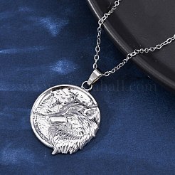 Colliers à pendentif ronds et plats en acier inoxydable 304 avec motif loup&nbsp;NJEW-H059-04P