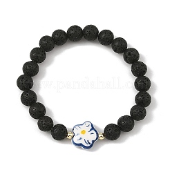 Braccialetti elasticizzati fatti a mano con fiori in porcellana stampata e perline rotonde di pietra lavica naturale.&nbsp;BJEW-JB14183-01