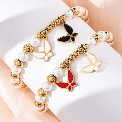 201 pulseras elásticas de cuentas redondas de acero inoxidable&nbsp;BJEW-C090-03G-D