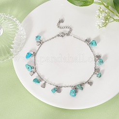 Bracelet de cheville puces turquoise synthétique et breloques coeur&nbsp;AJEW-AN00512-01