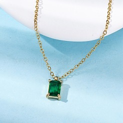 304 Edelstahl Farn grün Strass Rechteck Anhänger Kabel Kette Halsketten&nbsp;NJEW-U026-01G