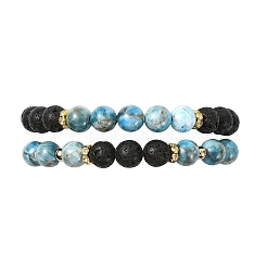 Bracciali elastici regolabili in apatite naturale e pietra lavica naturale&nbsp;BJEW-JB14150-04
