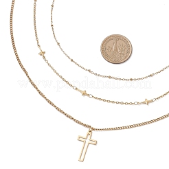 304 Edelstahl Kreuz Anhänger Gliederkette 3 Lagen Halsketten für Damen&nbsp;NJEW-JN05474