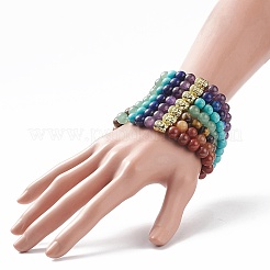 7 pièces 7 bracelets extensibles de pierres précieuses mélangées naturelles et synthétiques de style avec tête de bouddha en alliage perlé&nbsp;BJEW-JB08783