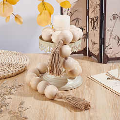 Décorations de présentation en perles rondes de bois avec pompon en corde de jute&nbsp;HJEW-PH02453