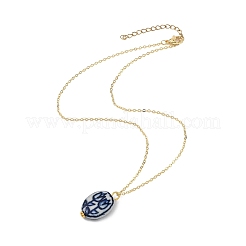 Collar de cadena de cable de latón con colgante ovalado floral blanco y azul de porcelana hecho a mano para mujer&nbsp;NJEW-JN05675