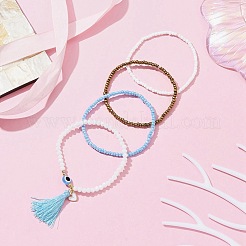 Set di braccialetti elasticizzati con perline di malocchio in resina e semi di vetro da 4 pz&nbsp;BJEW-JB09896-02