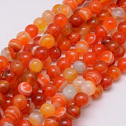 Chapelets de perles rondes en agate à rayures naturelles/en agate à bandes, rouge-orange, 8mm, Trou: 1mm, Environ 48 pcs/chapelet, 15.2 pouce