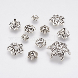 Coppette copriperla di perline stile tibetano, forme misto, lega, fiore, argento antico, 6~17x2~6mm, Foro: 1~2.5 mm, 200 g / borsa