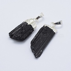Ciondoli di tormalina neri naturali, con accessori di ottone, pepite, colore argento placcato, 30~53x12.5~35x10~25mm, Foro: 6.5x4 mm