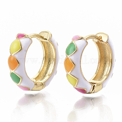Brass Huggie Hoop Earrings, with Two Tone Enamel, Real 18K Gold Plated, Rhombus Pattern, Colorful, 15.5x16.5x5mm, Pin: 1x1mm