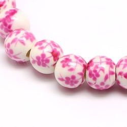 Handgemachte Blume gedruckt Porzellan-Keramik-Perlen Stränge, Runde, Perle rosa, 6 mm, Bohrung: 2 mm, ca. 60 Stk. / Strang, 13 Zoll