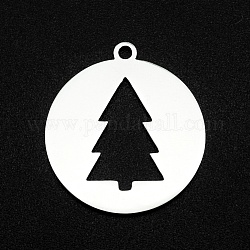 Рождественские 201 подвески из нержавеющей стали, лазерная резка, полый, Плоский круглый с елкой, цвет нержавеющей стали, 22x20x1 мм, отверстие : 1.6 мм