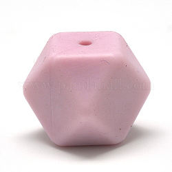 Perlas de silicona ecológicas de grado alimenticio, masticar cuentas para mordedores, diy collares de enfermería haciendo, cubo facetas, rosa, 14x14x14mm, agujero: 2 mm