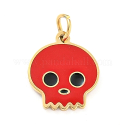 Halloween 304 Stainless Steel Charms, with Enamel and Jump Ring, Real 14K Gold Plated, Skull Charm, Red, 11.5x10x1mm, Hole: 2.5mm