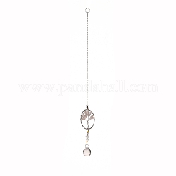 Teardrop Acrylic Beads Big Pendant Decorations, Hanging Sun Catchers, with Rose Quartz Chips Beads, Tree of Life, Oval, 363mm