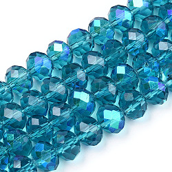 Abalorios de vidrio electroplate hebras, medio arco iris chapado, facetados, rerondana plana, acero azul, 8x6mm, agujero: 1 mm, aproximamente 65~68 pcs / cadena, 15.7~16.1 pulgada (40~41 cm)